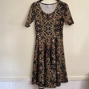LuLaRoe Nicole Fit & Flare Midi Dress Black Green Tan Abstract Geo Print, Sz Med